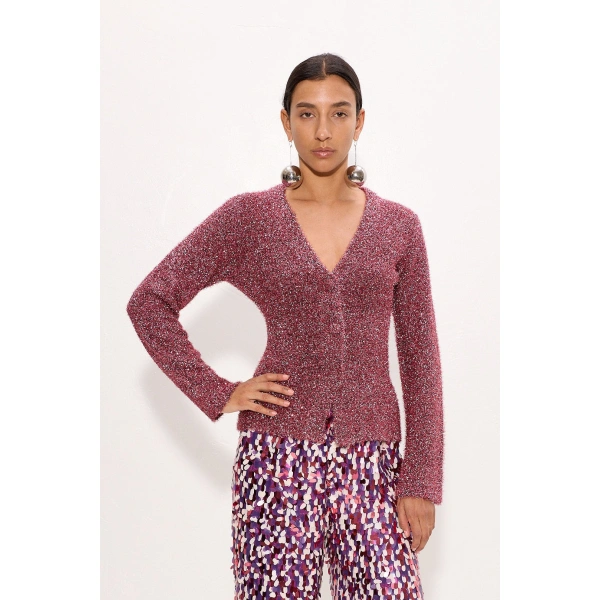 Simon Miller Briar Tinsel Knit Cardigan in Metallic Pink | Cardigans | Coveti