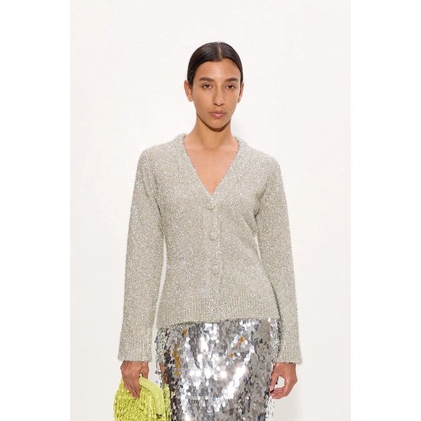Simon Miller Briar Tinsel Knit Cardigan in Satellite Silver | Cardigans | Coveti