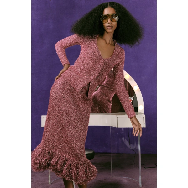 Simon Miller Brink Tinsel Knit Skirt in Metallic Pink | Midi Skirts | Coveti