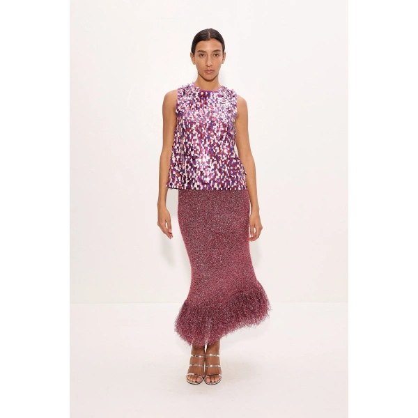 Simon Miller Brink Tinsel Knit Skirt in Metallic Pink | Midi Skirts | Coveti