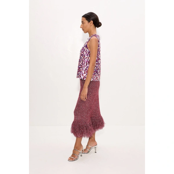 Simon Miller Brink Tinsel Knit Skirt in Metallic Pink | Midi Skirts | Coveti