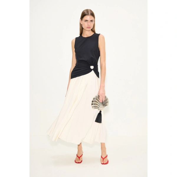 Simon Miller Cori Pleated Dress in Black and Macadamia | Maxi Dresses | Coveti