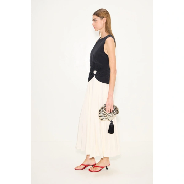 Simon Miller Cori Pleated Dress in Black and Macadamia | Maxi Dresses | Coveti