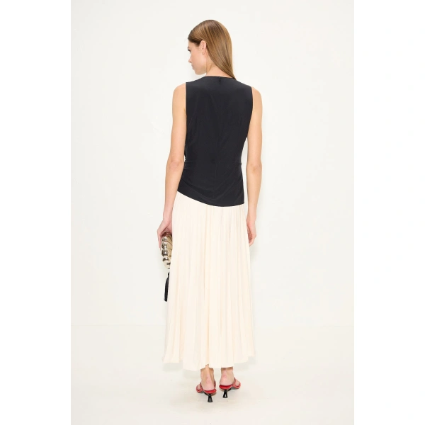 Simon Miller Cori Pleated Dress in Black and Macadamia | Maxi Dresses | Coveti