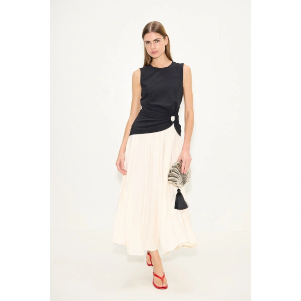 Simon Miller Cori Pleated Dress in Black and Macadamia | Maxi Dresses | Coveti