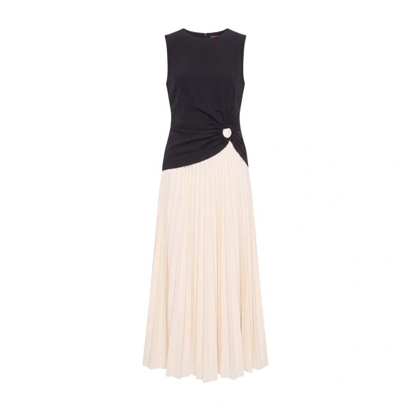 Cori Pleated Dress in Black and Macadamia