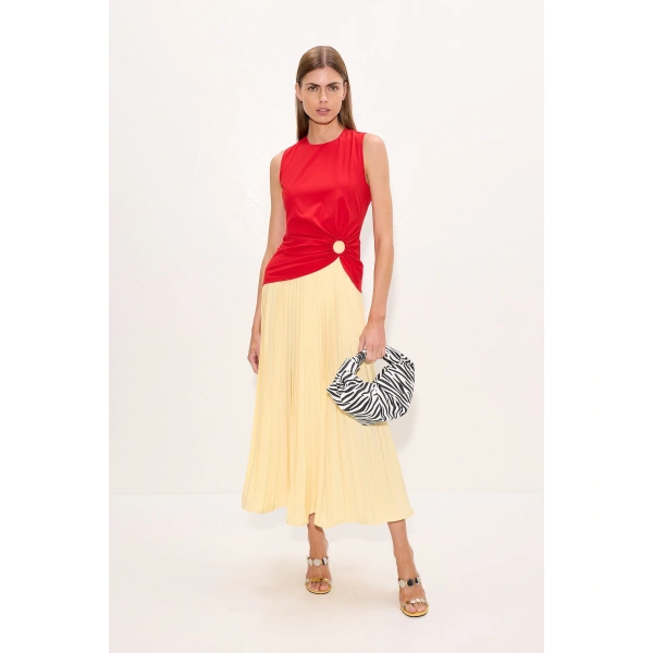 Simon Miller Cori Pleated Dress in Butter and Classic Red Combo | Maxi Dresses | Coveti