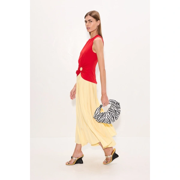 Simon Miller Cori Pleated Dress in Butter and Classic Red Combo | Maxi Dresses | Coveti