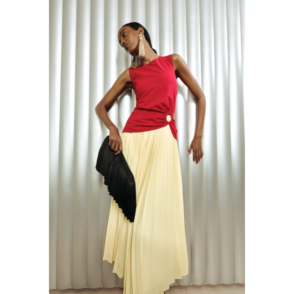 Simon Miller Cori Pleated Dress in Butter and Classic Red Combo | Maxi Dresses | Coveti