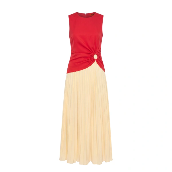 Simon Miller Cori Pleated Dress in Butter and Classic Red Combo | Maxi Dresses | Coveti