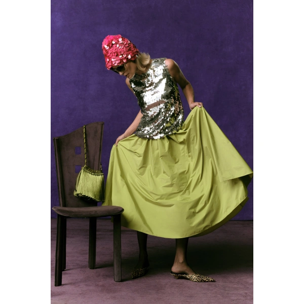 Simon Miller Effie Taffeta Skirt in Chartreuse | Midi Skirts | Coveti
