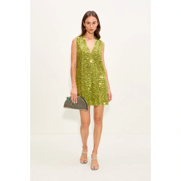 Simon Miller Fountain Sequin Dress in Metallic Pear | Mini Dresses | Coveti