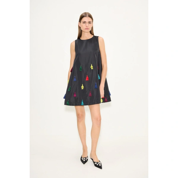 Simon Miller Gianna Taffeta Tassel Mini Dress in Black Multi | Mini Dresses | Coveti