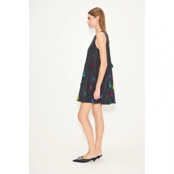 Simon Miller Gianna Taffeta Tassel Mini Dress in Black Multi | Mini Dresses | Coveti
