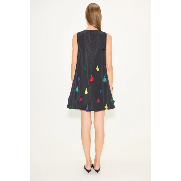 Simon Miller Gianna Taffeta Tassel Mini Dress in Black Multi | Mini Dresses | Coveti