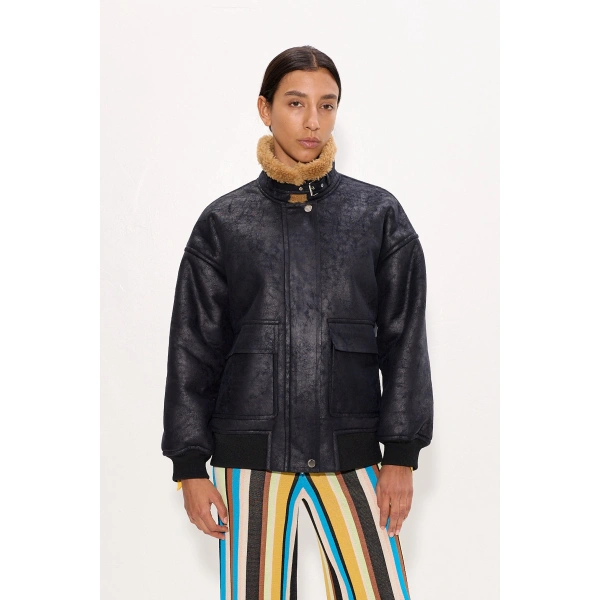 Simon Miller Halle Faux Shearling Bomber Jacket in Black | Bomber Jackets | Coveti