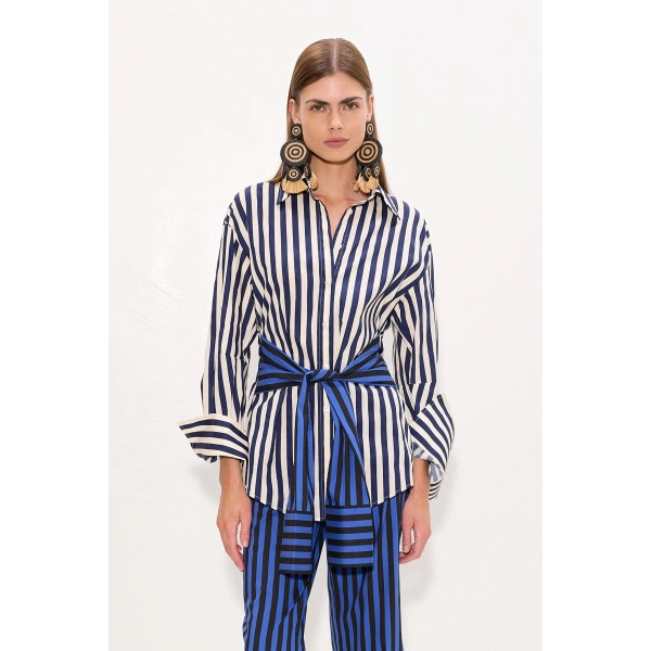 Simon Miller Inna Poplin Top in Cobalt Stripe Combo | Shirts | Coveti