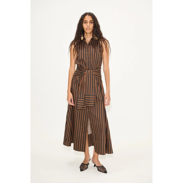 Simon Miller Inna Sleeveless Poplin Dress in Black and Choco Brown Stripe | Maxi Dresses | Coveti