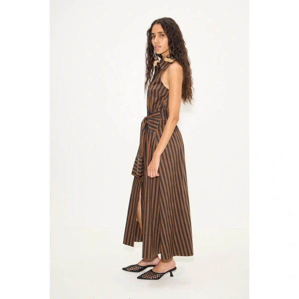 Simon Miller Inna Sleeveless Poplin Dress in Black and Choco Brown Stripe | Maxi Dresses | Coveti