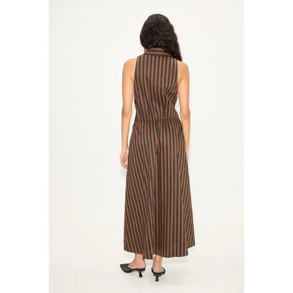 Simon Miller Inna Sleeveless Poplin Dress in Black and Choco Brown Stripe | Maxi Dresses | Coveti