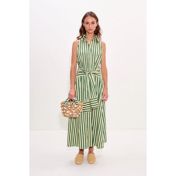 Simon Miller Inna Sleeveless Poplin Dress in Gummy Green and Ecru | Maxi Dresses | Coveti