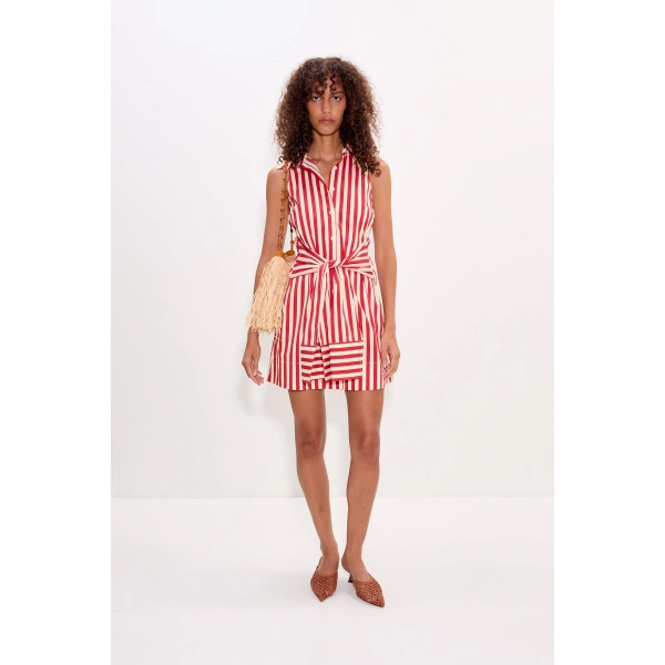 Simon Miller Inna Sleeveless Poplin Mini Dress in Venetian Red Stripe | Mini Dresses | Coveti