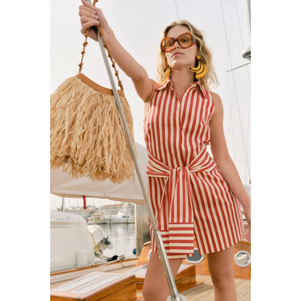 Simon Miller Inna Sleeveless Poplin Mini Dress in Venetian Red Stripe | Mini Dresses | Coveti
