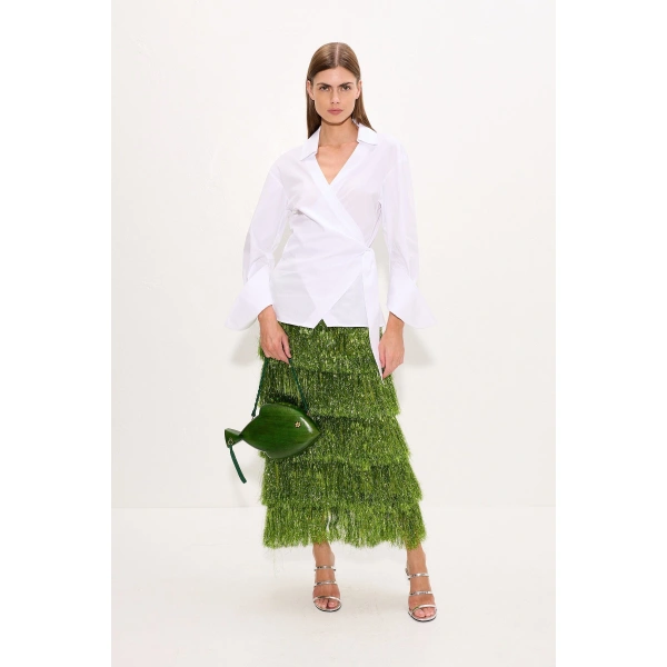 Simon Miller Liv Metallic Fringe Skirt in Metallic Spruce | Midi Skirts | Coveti