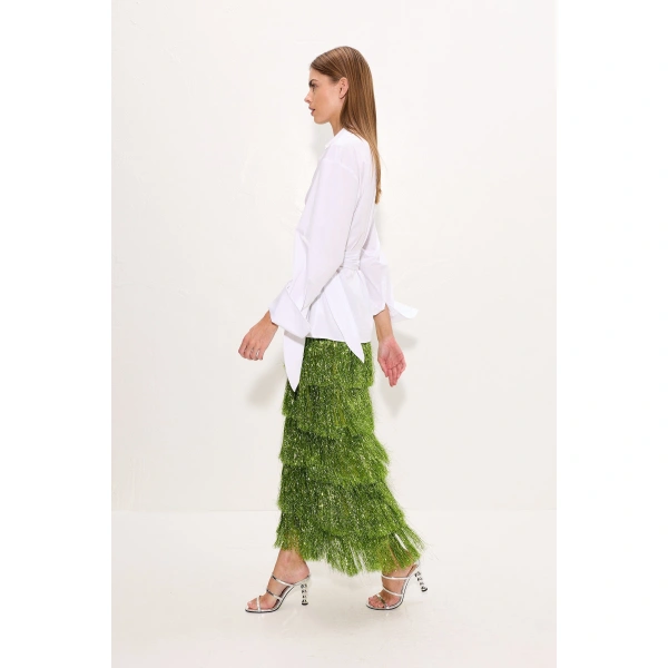 Simon Miller Liv Metallic Fringe Skirt in Metallic Spruce | Midi Skirts | Coveti
