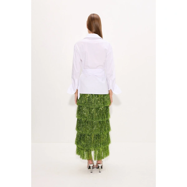 Simon Miller Liv Metallic Fringe Skirt in Metallic Spruce | Midi Skirts | Coveti