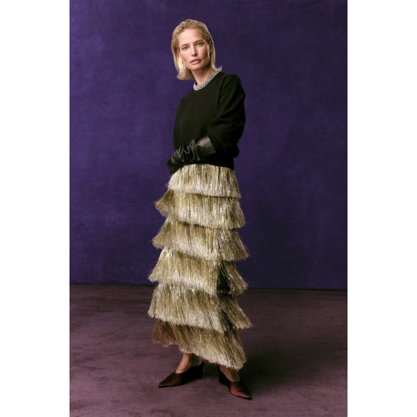 Simon Miller Liv Metallic Fringe Skirt in Silver and Gold | Midi Skirts | Coveti