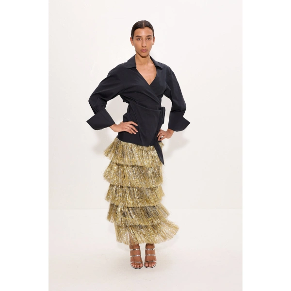 Simon Miller Liv Metallic Fringe Skirt in Silver and Gold | Midi Skirts | Coveti