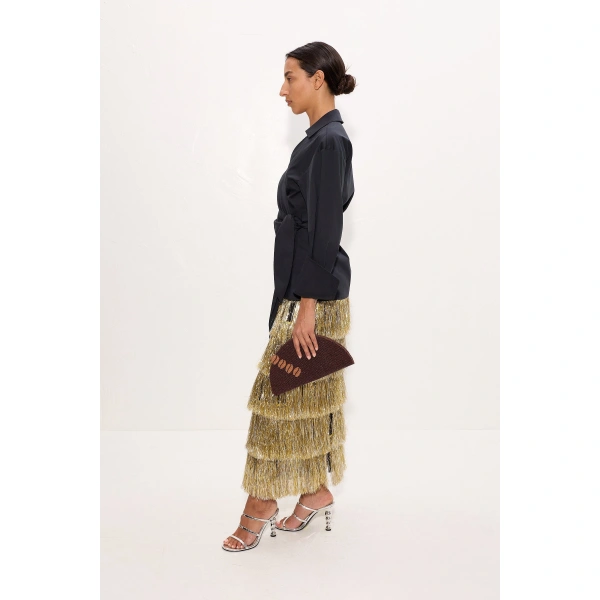 Simon Miller Liv Metallic Fringe Skirt in Silver and Gold | Midi Skirts | Coveti