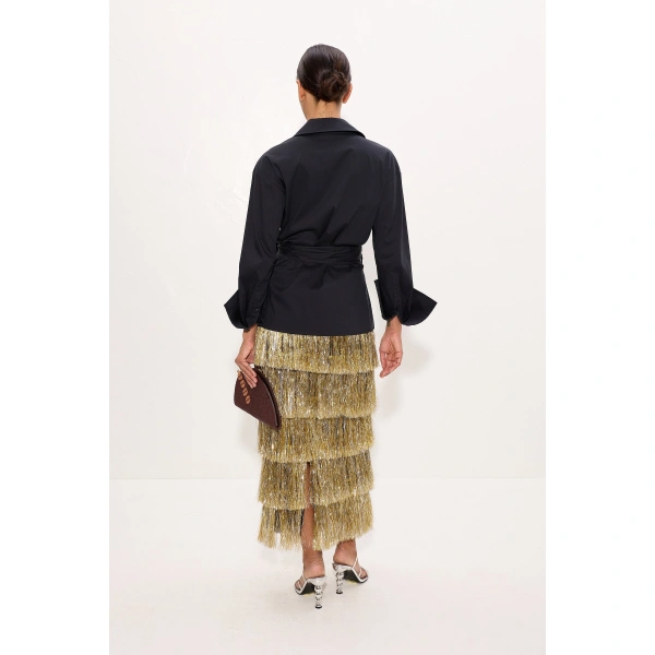 Simon Miller Liv Metallic Fringe Skirt in Silver and Gold | Midi Skirts | Coveti