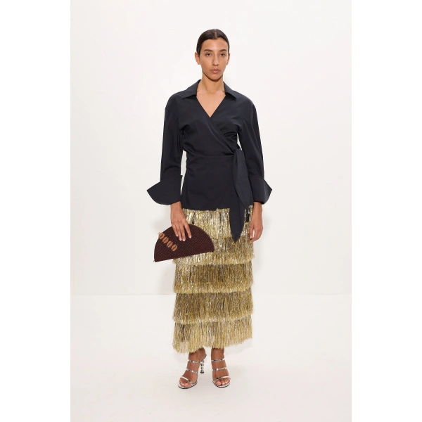 Simon Miller Liv Metallic Fringe Skirt in Silver and Gold | Midi Skirts | Coveti