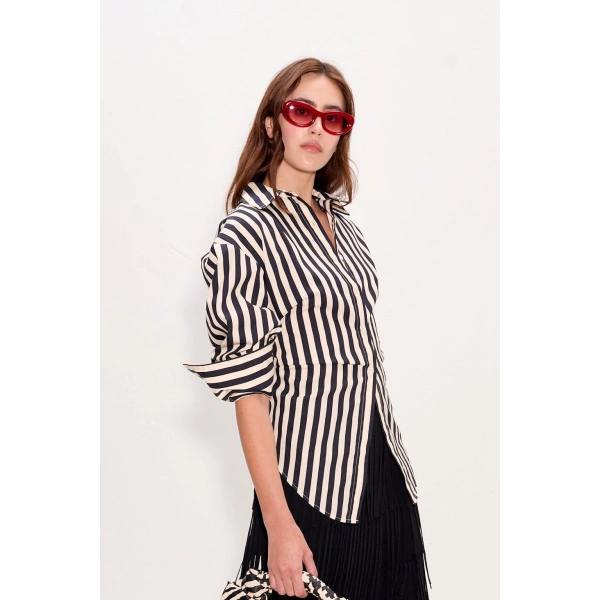 Simon Miller Loch Poplin Button Up in Black and White Stripe | Shirts | Coveti