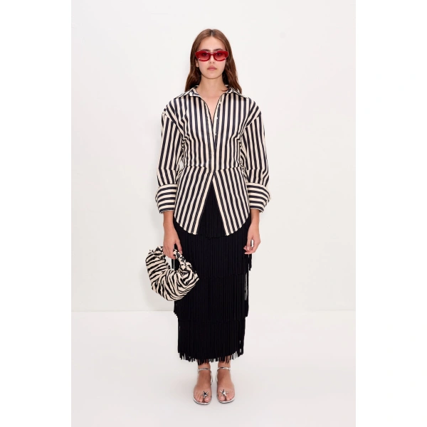 Simon Miller Loch Poplin Button Up in Black and White Stripe | Shirts | Coveti