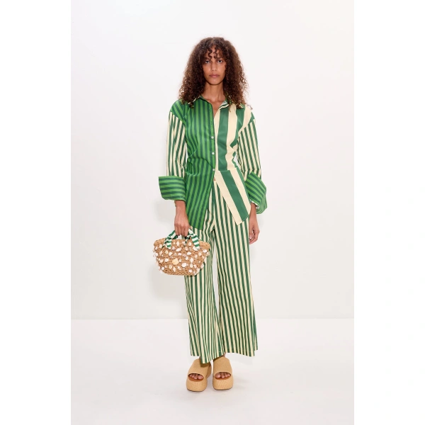 Simon Miller Loch Poplin Button Up in Green Stripe Combo | Shirts | Coveti