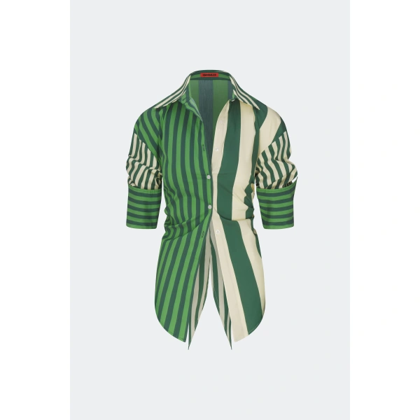 Simon Miller Loch Poplin Button Up in Green Stripe Combo | Shirts | Coveti
