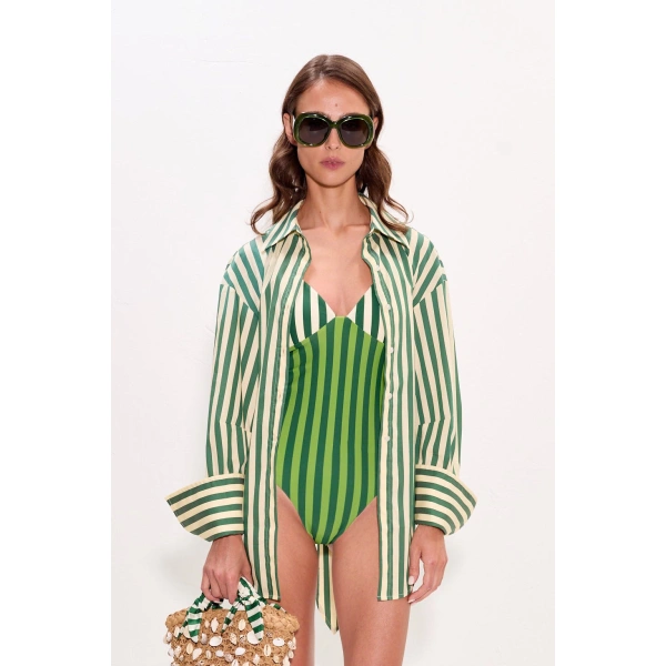 Simon Miller Loch Poplin Button Up in Gummy Green and Ecru | Shirts | Coveti
