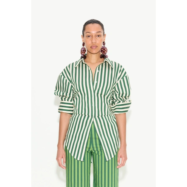 Simon Miller Loch Poplin Button Up in Gummy Green and Ecru | Shirts | Coveti