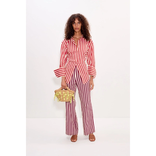 Simon Miller Loch Poplin Button Up in Venetian Red Stripe | Shirts | Coveti