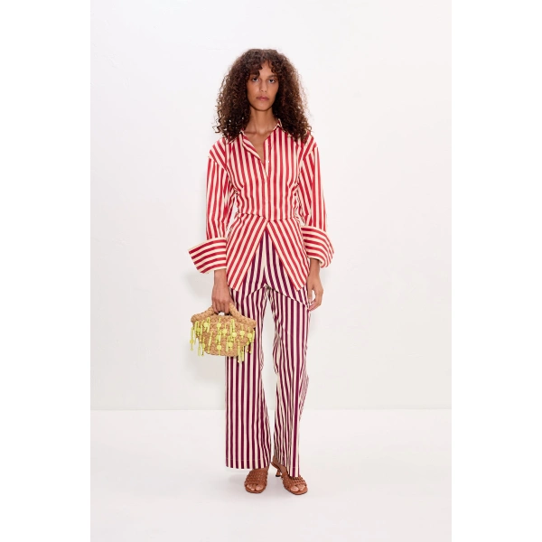 Simon Miller Loch Poplin Button Up in Venetian Red Stripe | Shirts | Coveti