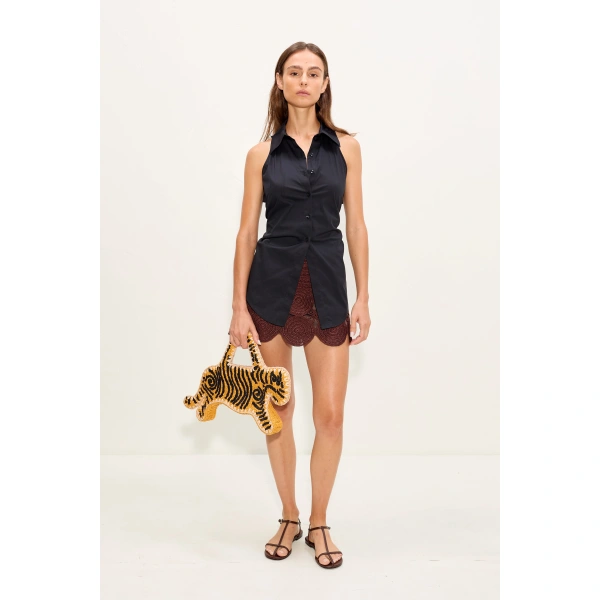Simon Miller Loch Sleeveless Poplin Button Up in Black | Sleeveless Tops | Coveti