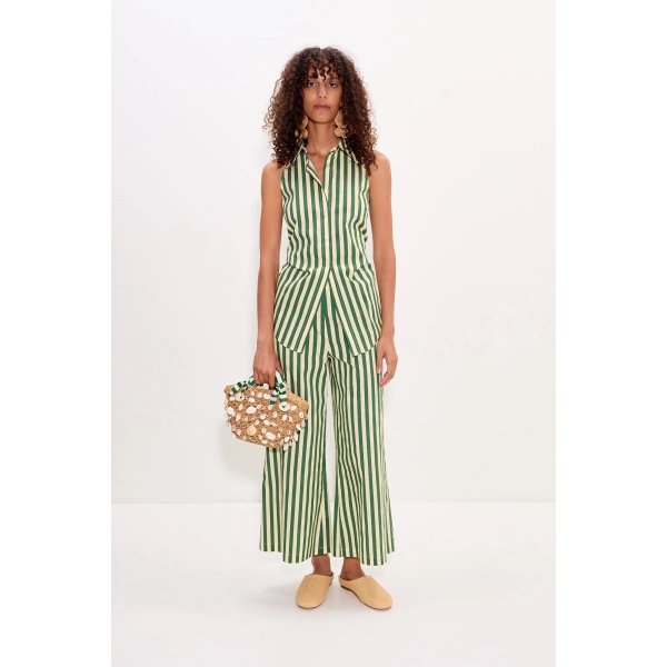 Simon Miller Loch Sleeveless Poplin Button Up in Gummy Green and Ecru | Sleeveless Tops | Coveti