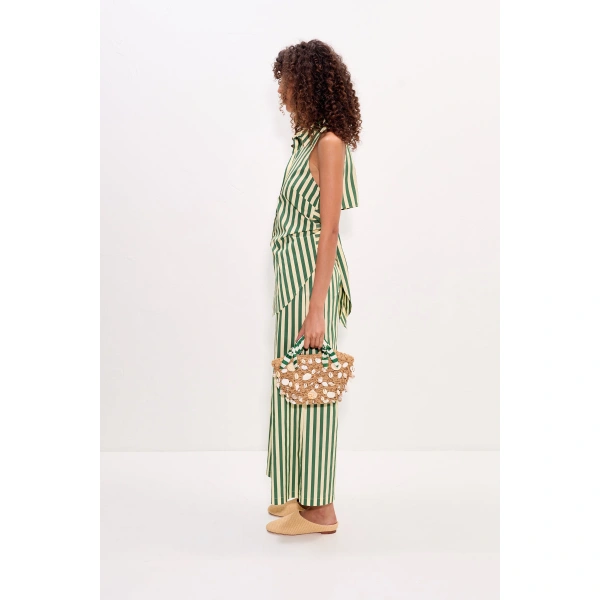 Simon Miller Loch Sleeveless Poplin Button Up in Gummy Green and Ecru | Sleeveless Tops | Coveti