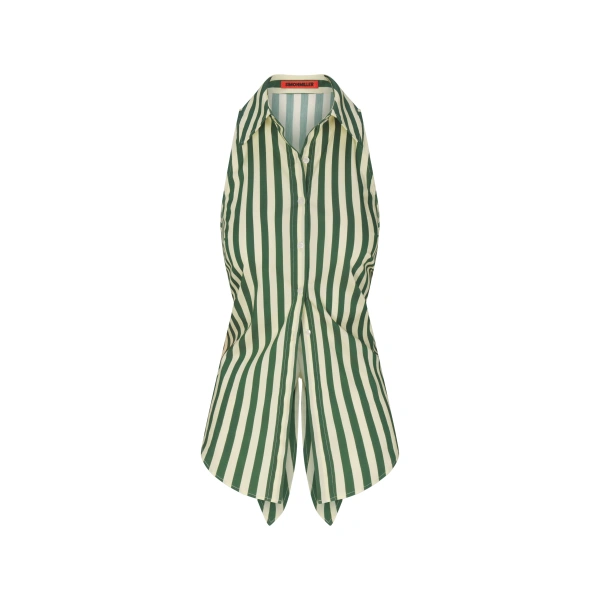 Loch Sleeveless Poplin Button Up in Gummy Green and Ecru