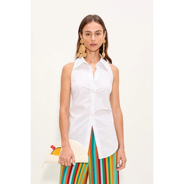 Simon Miller Loch Sleeveless Poplin Button Up in Macadamia | Sleeveless Tops | Coveti