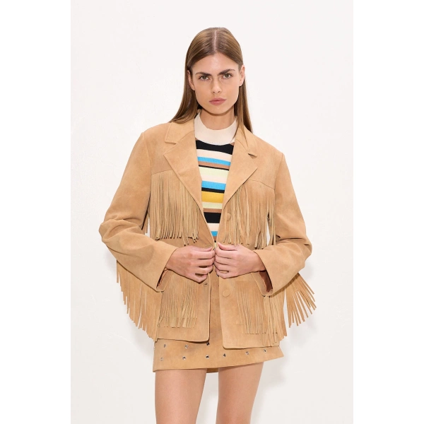 Simon Miller Mabel Vegan Leather Fringe Jacket in Sand | Jackets | Coveti