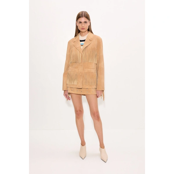 Simon Miller Mabel Vegan Leather Fringe Jacket in Sand | Jackets | Coveti